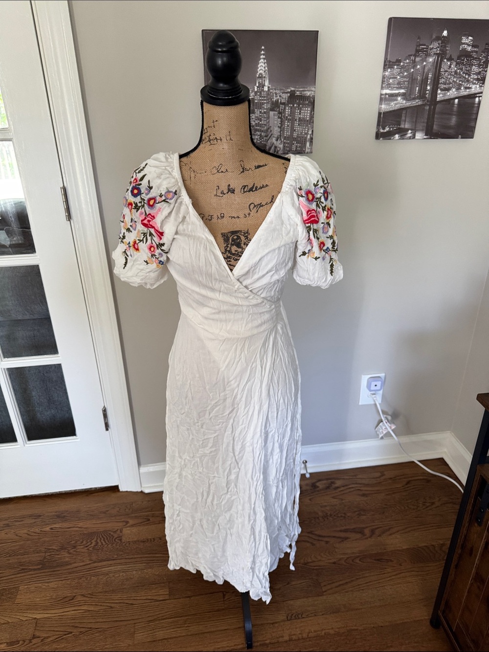 White Embroidered Puff-Sleeve Midi Wrap Dress